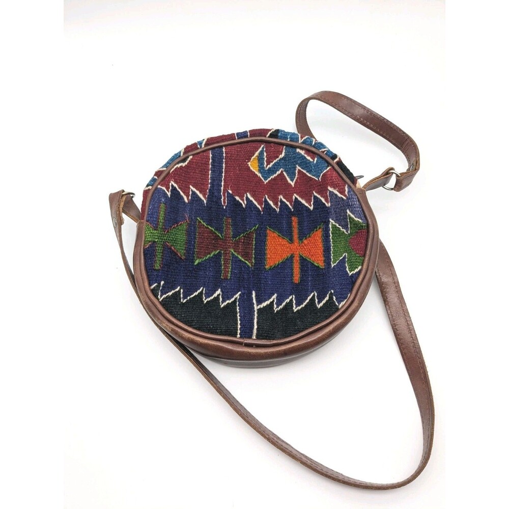 VTG Elephant Walk Dallas Round Kilim Leather Crossbody Bag Boho Western Handmade